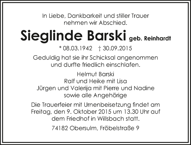  Traueranzeige für Sieglinde Barski vom 05.10.2015 aus 