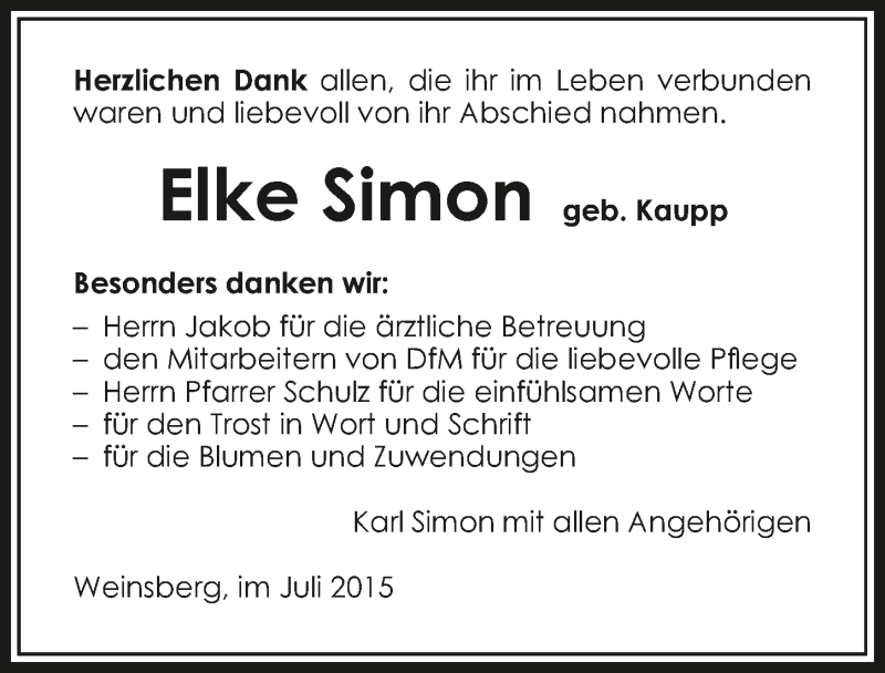  Traueranzeige für Elke Simon vom 18.07.2015 aus 