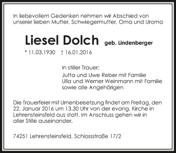 Traueranzeige von Liesel Dolch 
