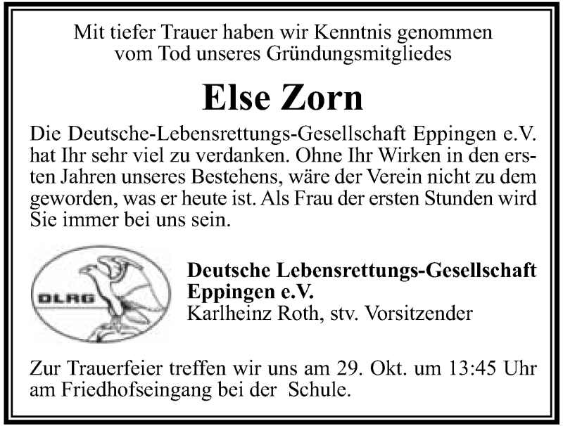  Traueranzeige für Else Zorn vom 27.10.2015 aus 