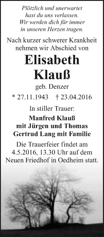 Traueranzeige von Elisabeth Klauß 