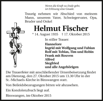 Traueranzeige von Helmut Fischer 