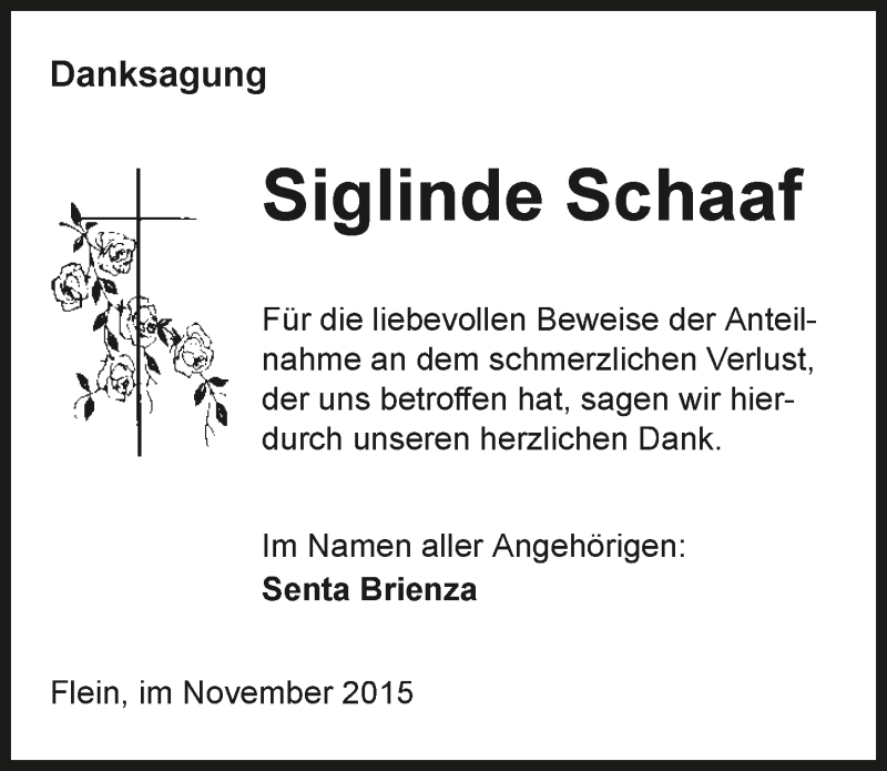  Traueranzeige für Siglinde Schaaf vom 14.11.2015 aus 