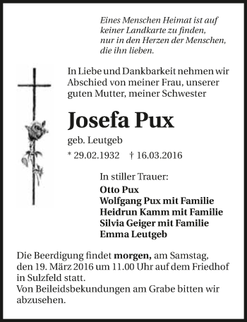 Traueranzeige von Josefa Pux 