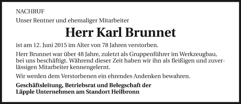  Traueranzeige für Karl Brunnet vom 26.06.2015 aus 