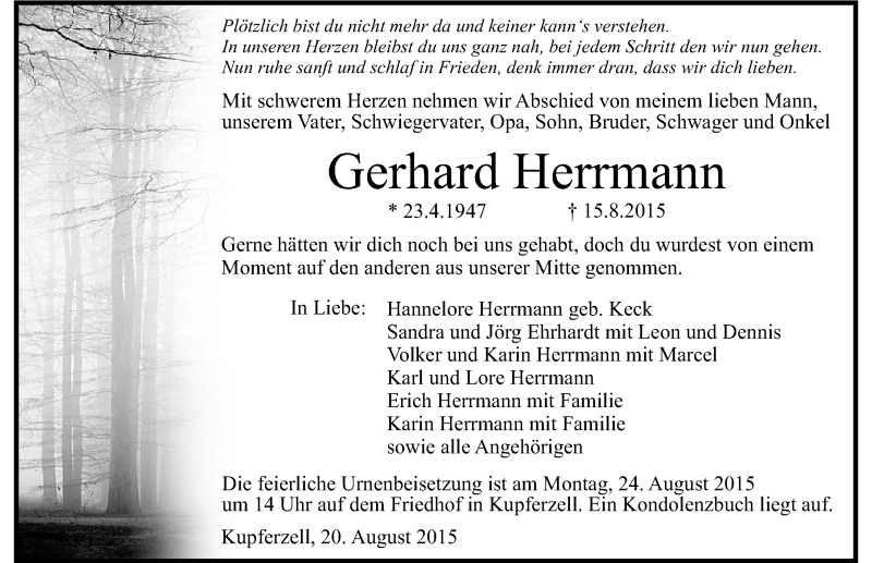  Traueranzeige für Gerhard Herrmann vom 20.08.2015 aus 