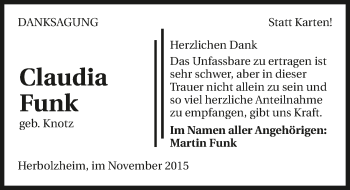 Traueranzeige von Claudia Funk 