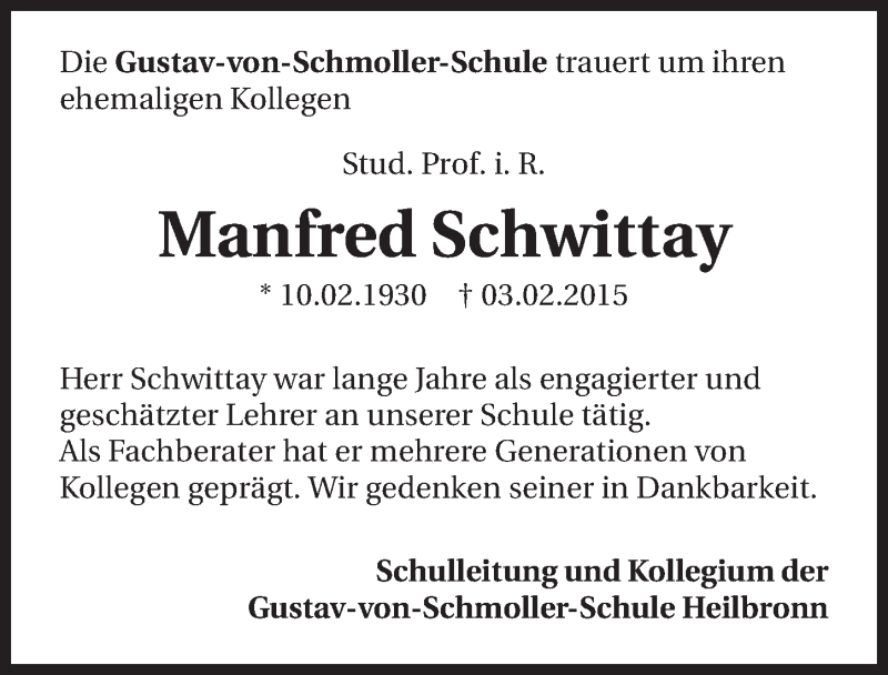  Traueranzeige für Manfred Schwittay vom 06.02.2015 aus 