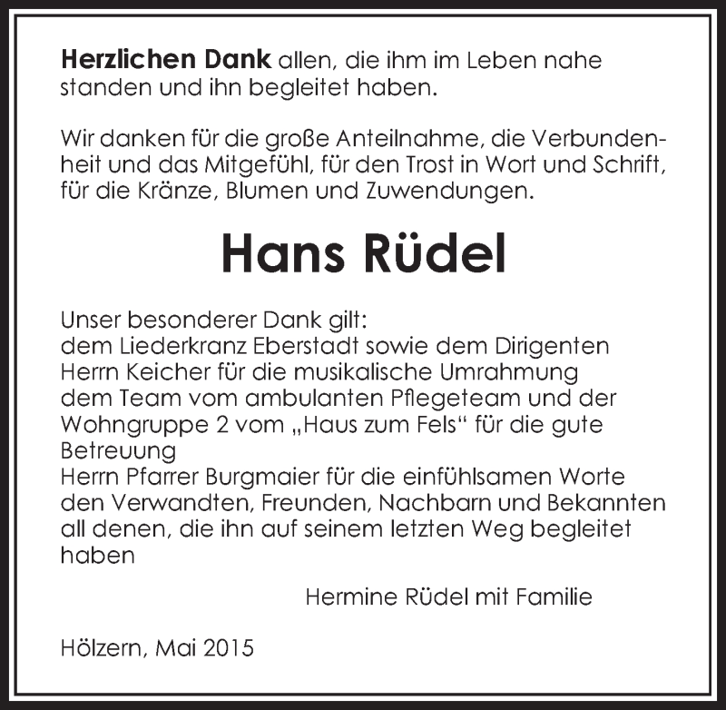  Traueranzeige für Hans Rüdel vom 23.05.2015 aus 