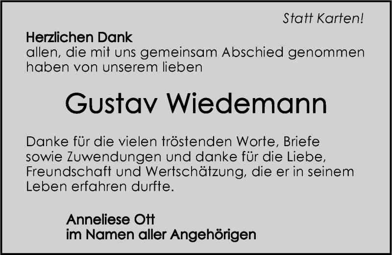  Traueranzeige für Gustav Wiedemann vom 02.01.2016 aus 
