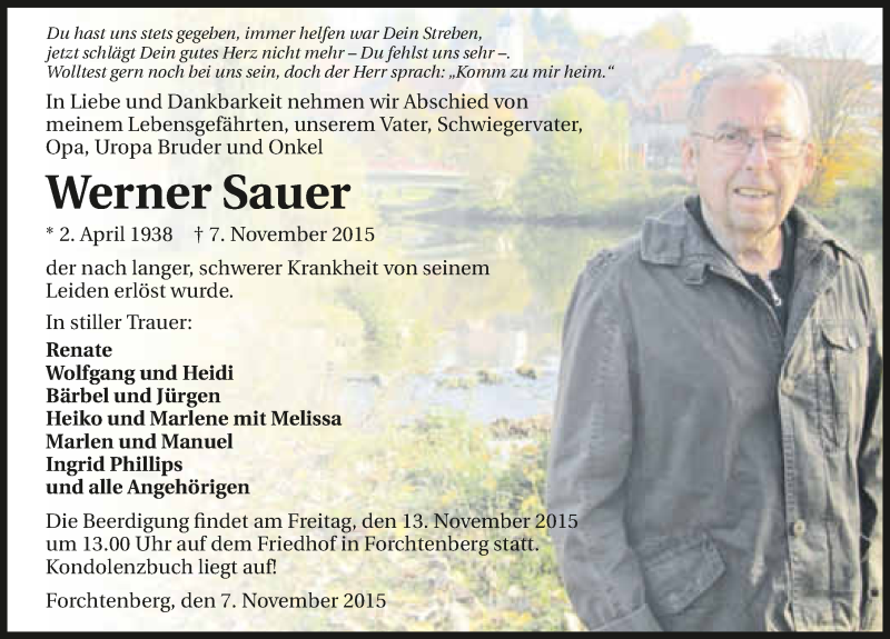  Traueranzeige für Werner Sauer vom 10.11.2015 aus 