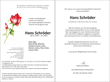 Traueranzeige von Hans Schröder 