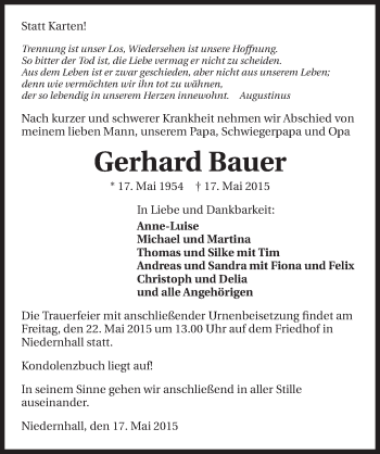 Traueranzeige von Gerhard Bauer 