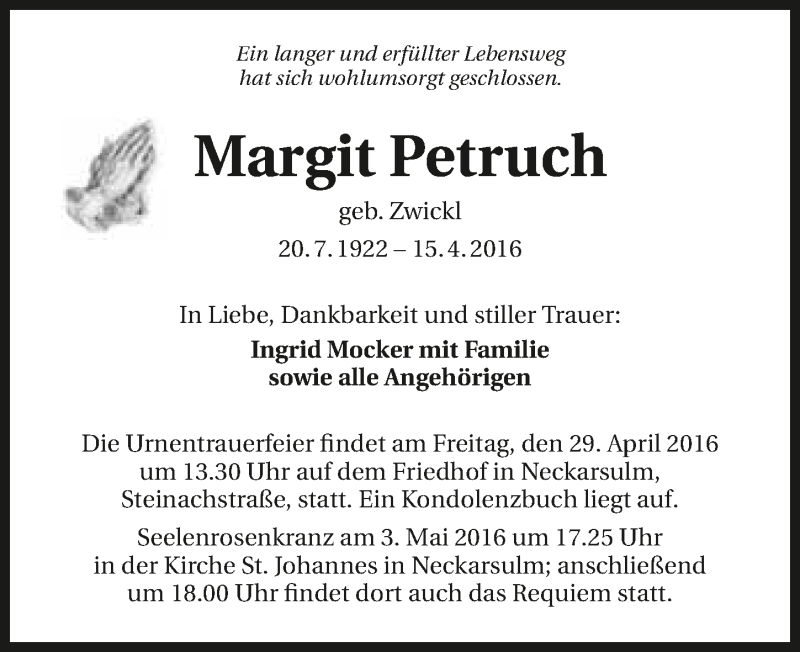  Traueranzeige für Margit Petruch vom 23.04.2016 aus 
