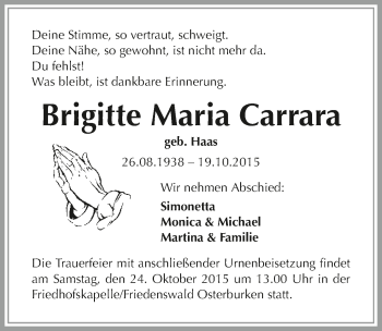 Traueranzeige von Brigitte Maria Carrara 