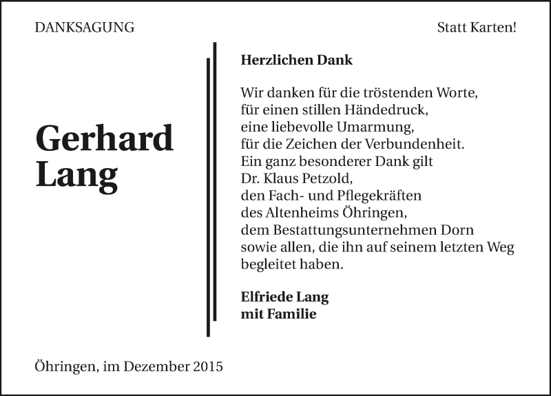  Traueranzeige für Gerhard Lang vom 03.12.2015 aus 