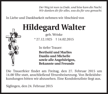 Traueranzeige von Hildegard Walter 