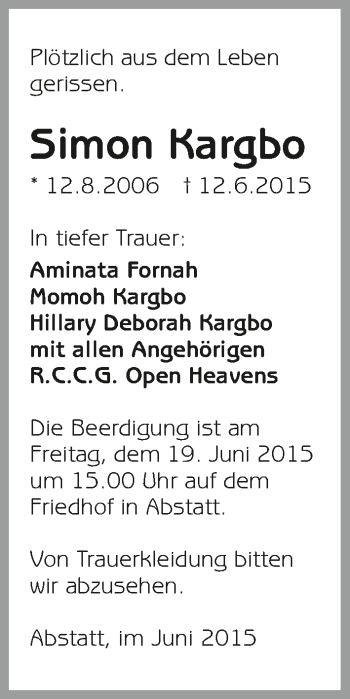 Traueranzeige von Simon Kargbo 