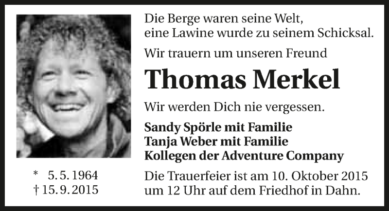 Traueranzeige für Thomas Merkel vom 07.10.2015 aus 