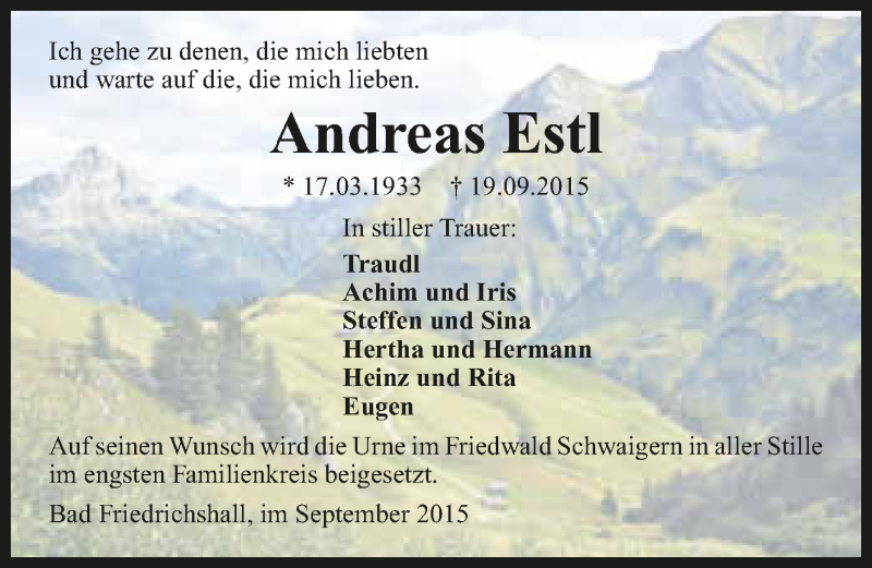 Traueranzeige für Andreas Estl vom 22.09.2015 aus 