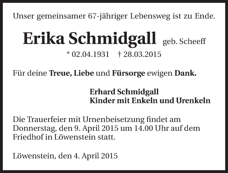  Traueranzeige für Erika Schmidgall vom 04.04.2015 aus 