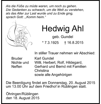 Traueranzeige von Hedwig Ahl 