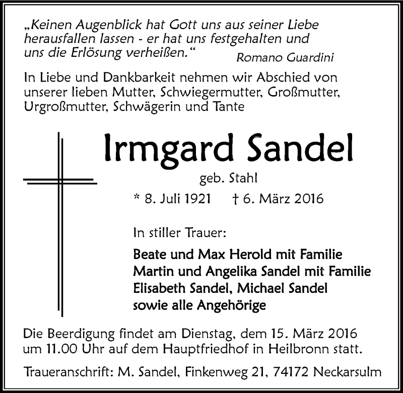  Traueranzeige für Irmgard Sandel vom 10.03.2016 aus 