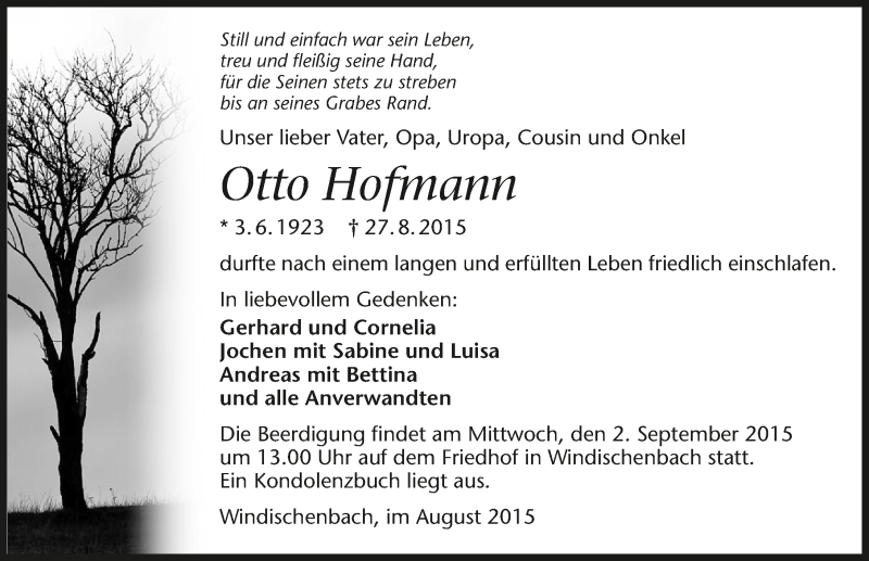  Traueranzeige für Otto Hofmann vom 29.08.2015 aus 