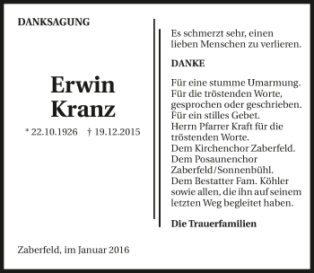 Traueranzeige von Erwin Kranz 