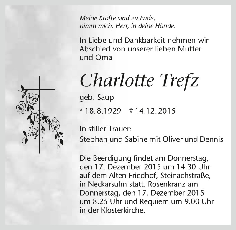  Traueranzeige für Charlotte Trefz vom 16.12.2015 aus 
