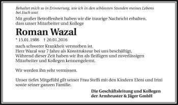 Traueranzeige von Roman Wazal 