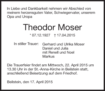 Traueranzeige von Theodor Moser 
