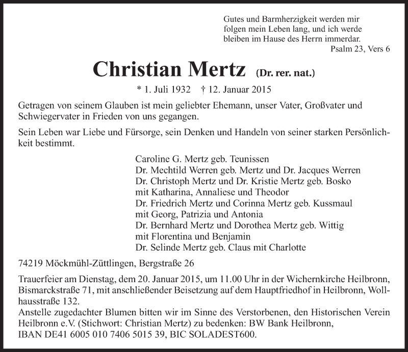  Traueranzeige für Christian Mertz vom 15.01.2015 aus 