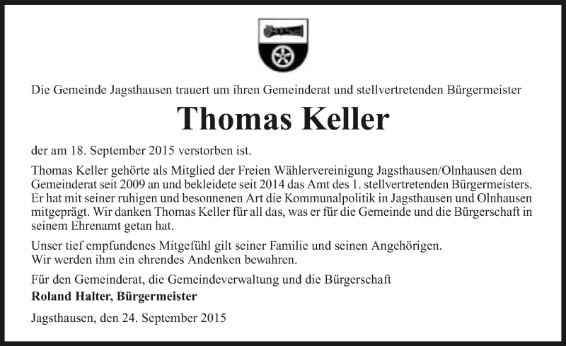 Traueranzeige für Thomas Keller vom 24.09.2015 aus 