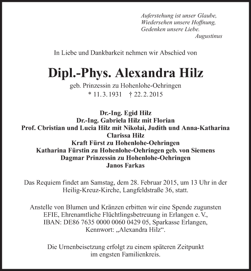  Traueranzeige für Alexandra Hilz vom 25.02.2015 aus 