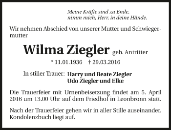 Traueranzeige von Wilma Ziegler 