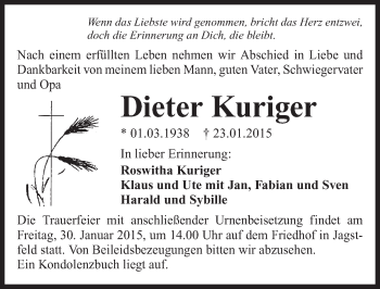 Traueranzeige von Dieter Kuriger 