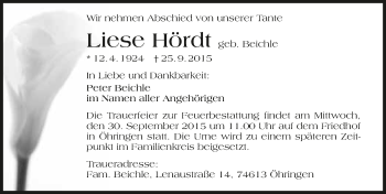 Traueranzeige von Liese Hördt 