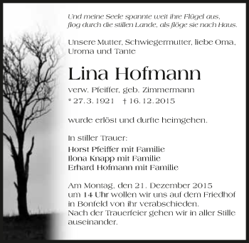 Traueranzeige von Lina Hofmann 