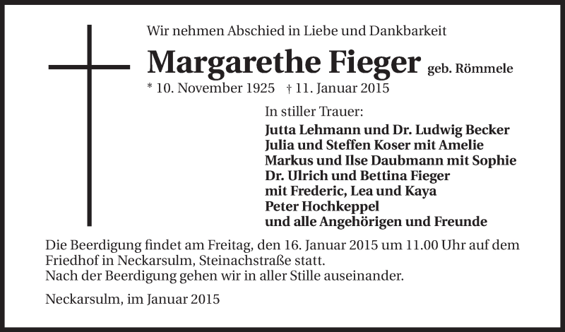  Traueranzeige für Margarethe Fieger vom 14.01.2015 aus 
