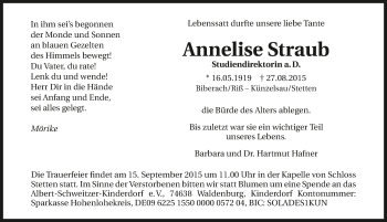 Traueranzeige von Annelise Straub 