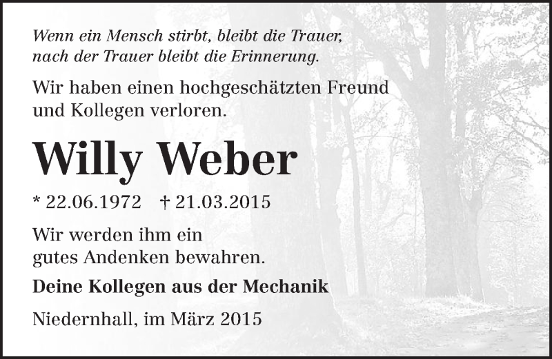  Traueranzeige für Willy Weber vom 31.03.2015 aus 