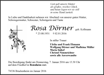 Traueranzeige von Rosa Dörner 