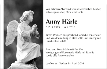 Traueranzeige von Anny Härle 