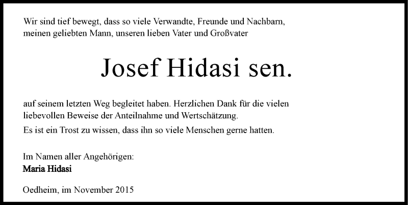  Traueranzeige für Josef Hidasi vom 04.11.2015 aus 
