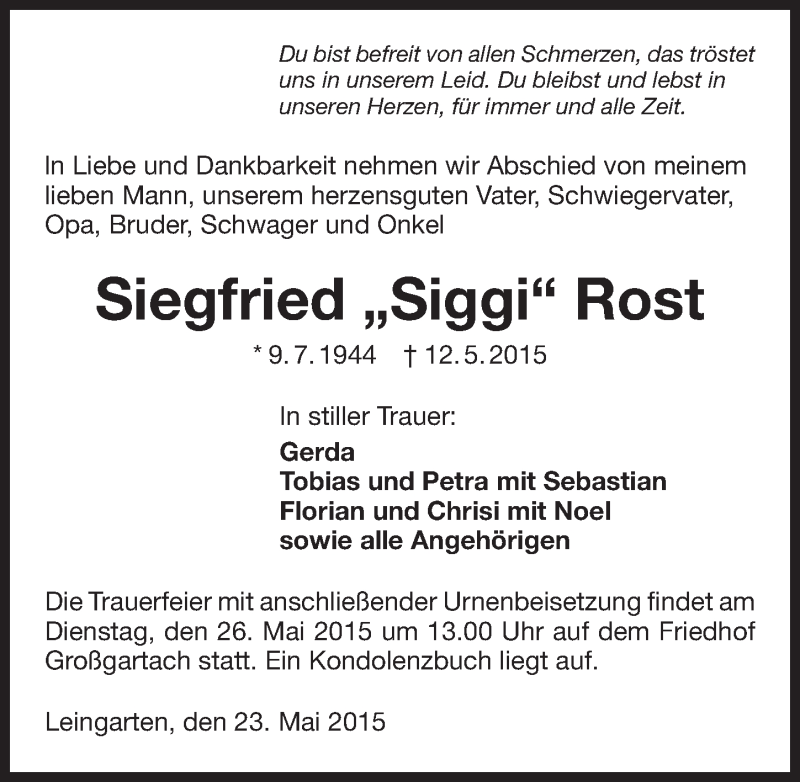  Traueranzeige für Siegfried Rost vom 23.05.2015 aus 