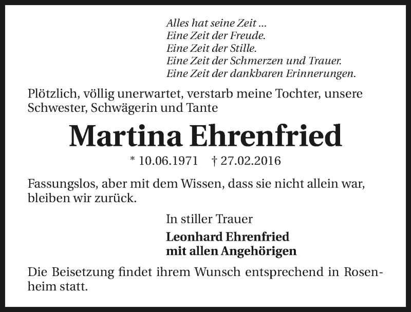  Traueranzeige für Martina Ehrenfried vom 05.03.2016 aus 