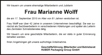 Traueranzeige von Marianne Wolff 