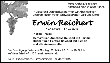 Traueranzeige von Erwin Reichert 