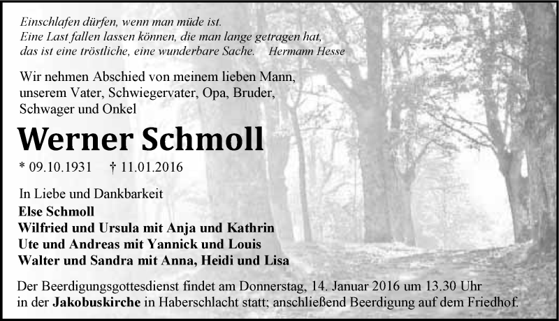  Traueranzeige für Werner Schmoll vom 12.01.2016 aus 